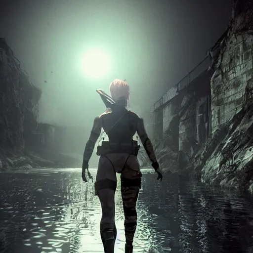 Image similar to quiet from metal gear solid, walking through a river, intrigued, sun flairs,