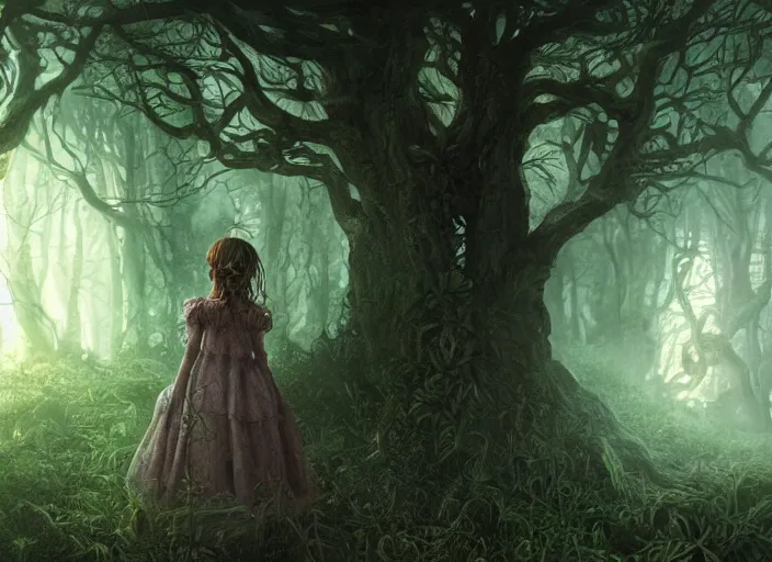 Prompt: secret garden, close - up of girl, spooky, dark, in the style of pan's labyrinth movie, hyperrealistic, coherent composition, concept art, matte painting, artstation, caspar friedrich, wlop