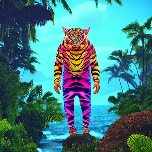 Image similar to a detailed 3 d render of a very fashionable hindu god demon tiger wearing cybergrunge hawaiian clothing tropical volcanic ocean landscape background by beeple and stephen gilliam, junji ito, kubrick, william blake, octane renderer, vray, 8 k, zbrush, c 4 d, cgsociety