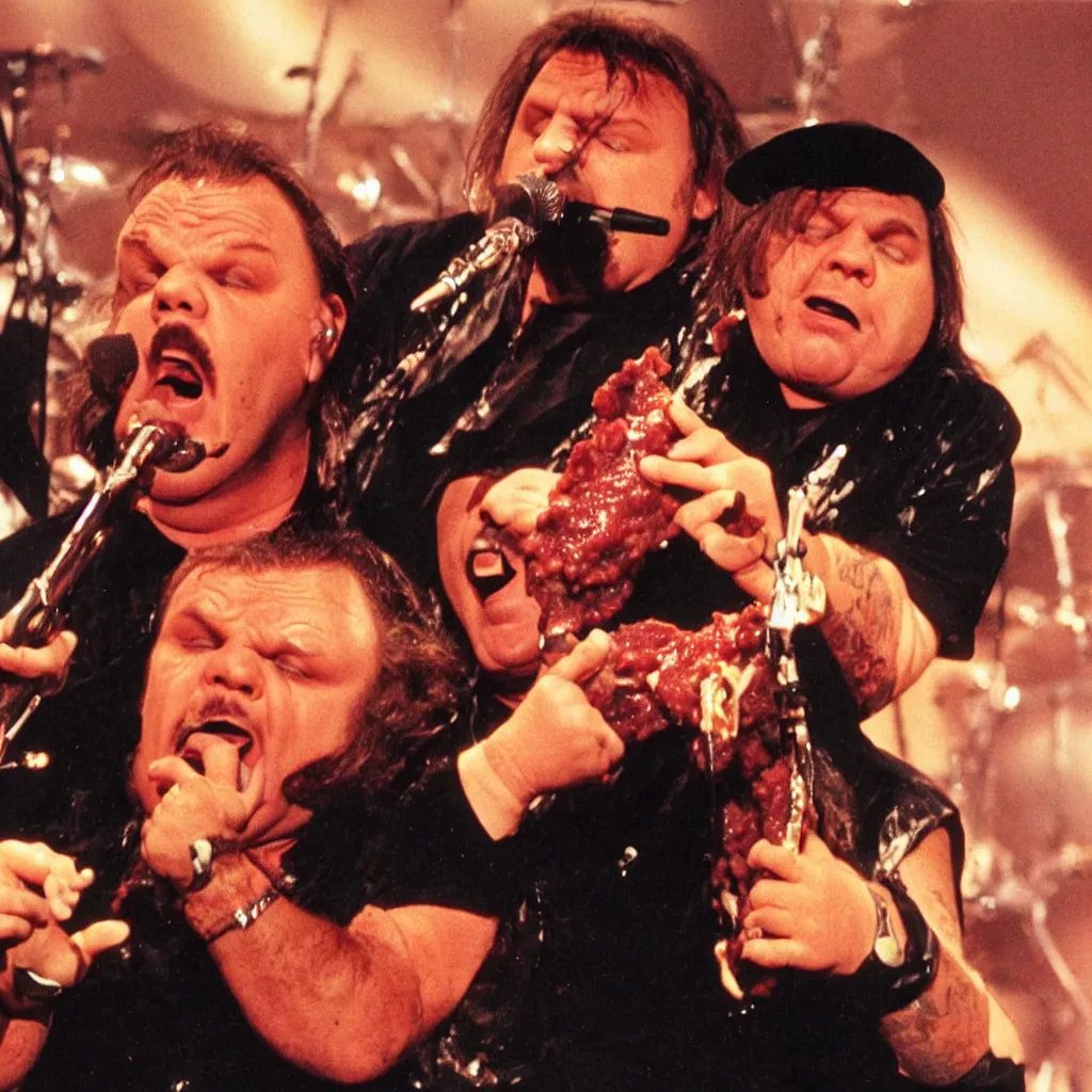 Prompt: meatloaf the musician eating meatloaf