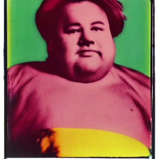 Prompt: color polaroid portrait of a fat man by andy warhol. holga