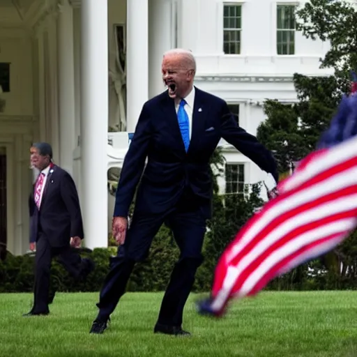 Prompt: a monster from predator destroys joe biden on the white house lawn