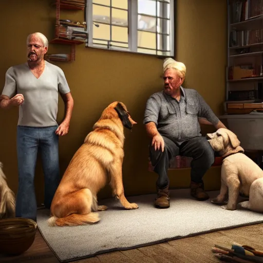Image similar to a picture of an old man with 2 giant dogs next to him living in a small messy apartment, German shepard and a golden retriever, midwestern redneck life, sharp edges, realistic image, 8k UHD, arnold render, realism, dramatic, HD, high details, poverty