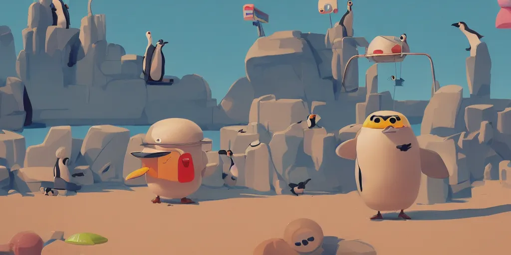 Image similar to cute cartoon penguins at the beach by Goro Fujita and Simon Stalenhag and Pixar, 8k, trending on artstation, hyper detailed, cinematic