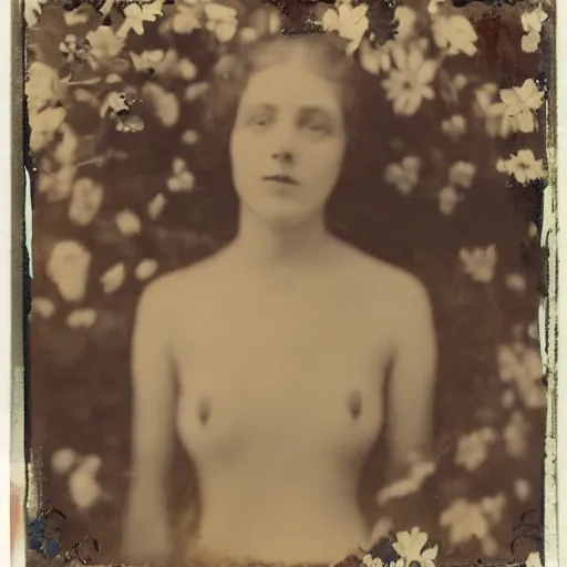 Image similar to portrait of a beautiful woman corpse covered in flowers in the middle of a Forest, ray gods, 1910 polaroid photography,