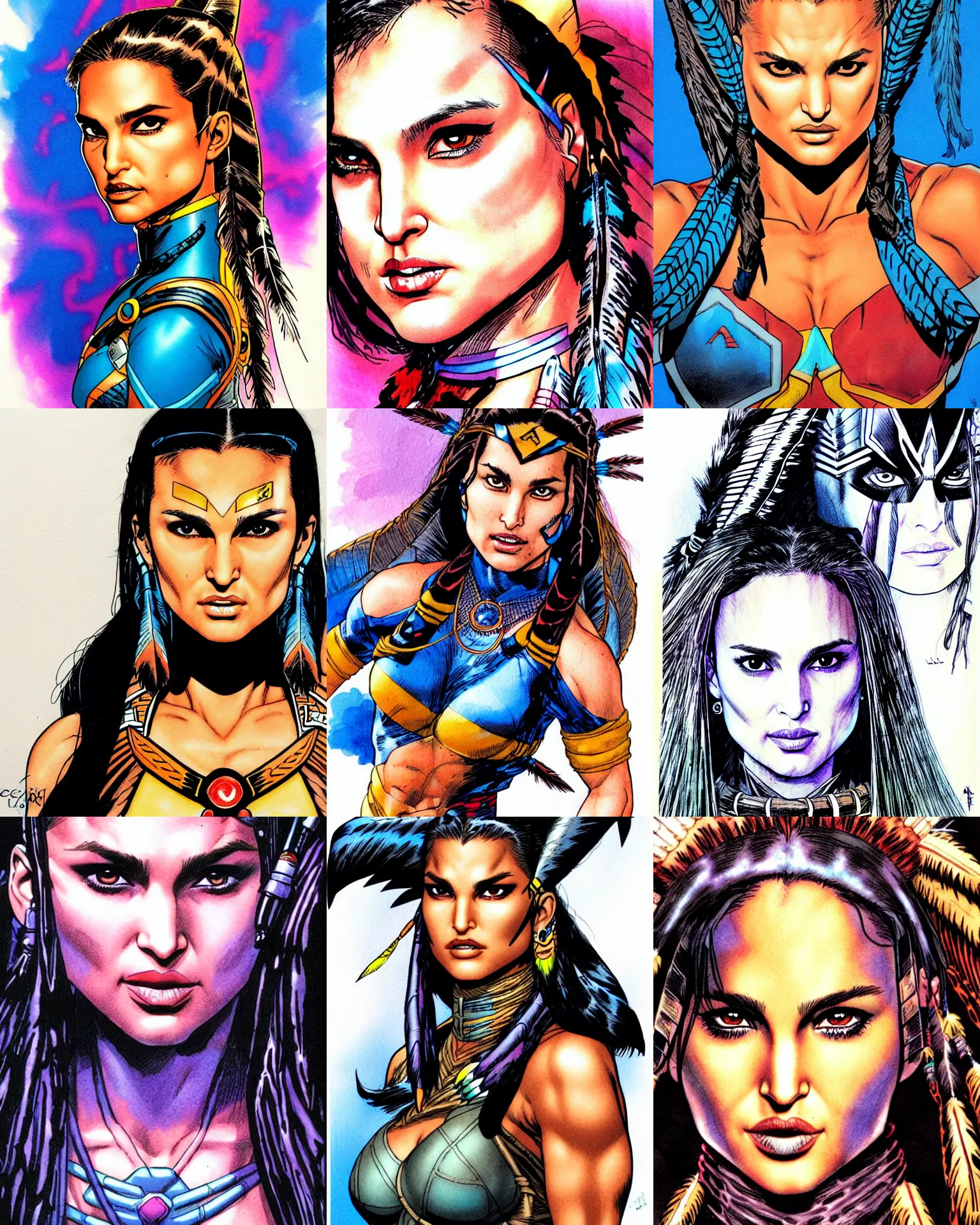 Prompt: jim lee!!! ink colorised airbrushed gouache sketch by jim lee close up headshot of native indian natalie portman in the style of jim lee, x - men superhero comic book character by jim lee