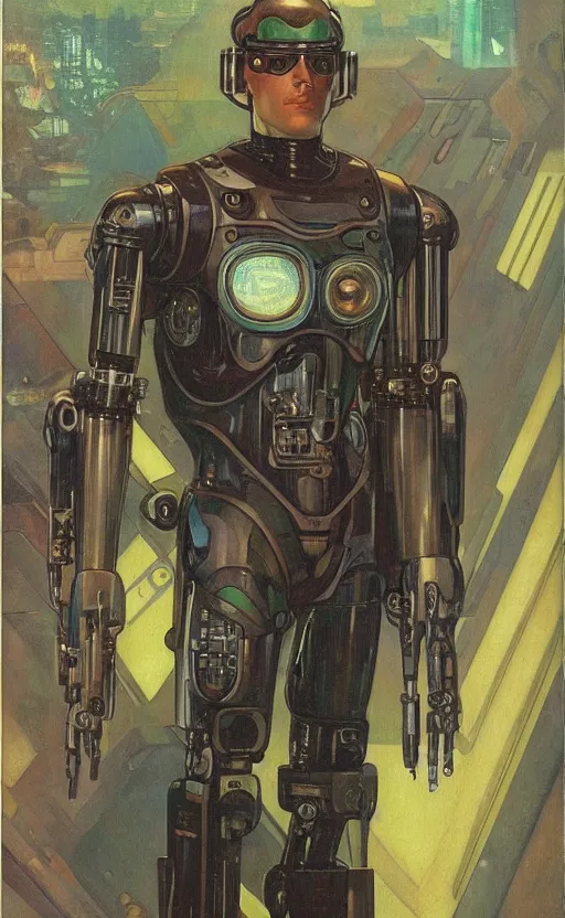 Prompt: cyberpunk robocop by mucha, oil painting