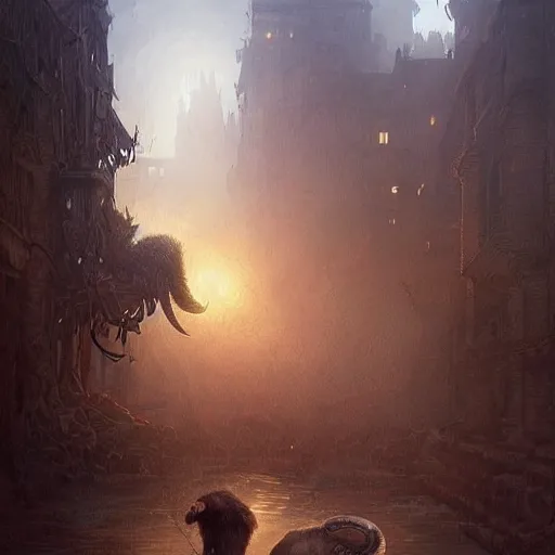 Image similar to “a giant rat in a creepy town getting attacked by a wooly mammoth, twilight, D&D, fantasy, intricate, cinematic lighting, highly detailed, digital painting, artstation, concept art, smooth, sharp focus, illustration, art by Artgerm and Greg Rutkowski and Alphonse Mucha”