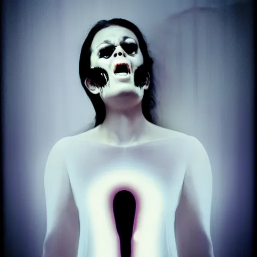 Prompt: in the style of Gottfried Helnwein female ghost witch facing forward, horrific scream on face, sharp teeth, long metallic nails, white dress, night, dark room, neon light in window