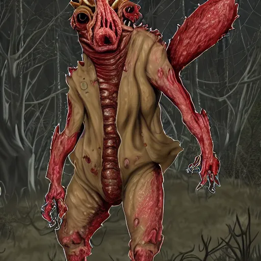 Image similar to big butcher anthropomorphic male lizardfolk posing scarily, scary angry pose, covered in blood, fresh kill, cleaver, in a forest, earie setting, lovecraft, eldritch, horror, hyperdetailed, furaffinity, furry art