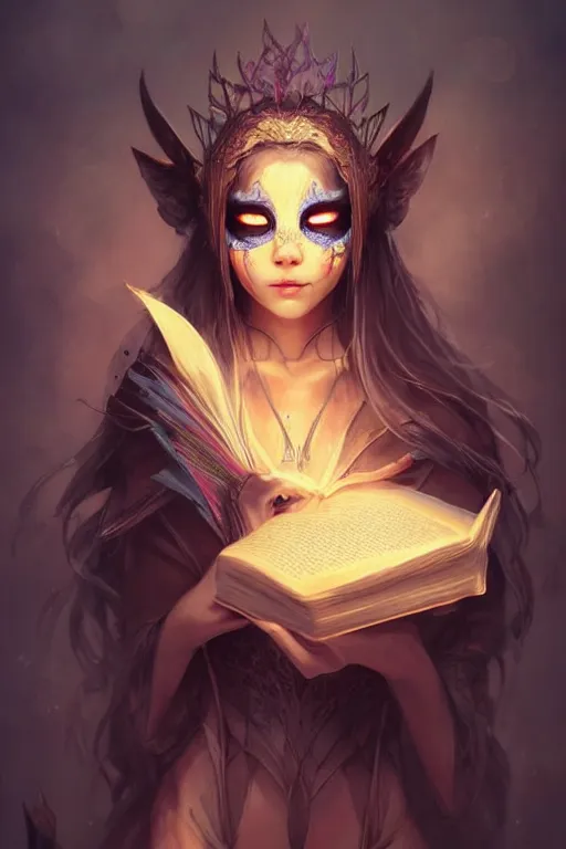 Image similar to gorgeous!!! hyper - realstic sorceress with a kitsune mask, holding a tattered book, casting a spell | drawn by wlop, drawn by jeehyung lee, drawn by artgerm | intricate, highly detailed, digital painting, character design, concept art, illustration, artstation