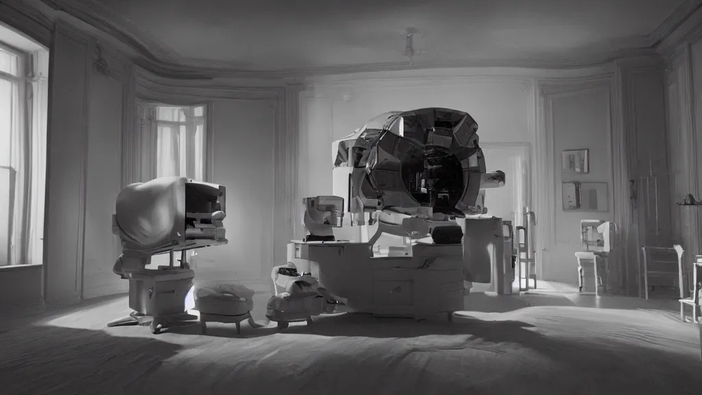 Image similar to an mri section of james cavell in the living room, film still from the movie directed by denis villeneuve with art direction by salvador dali, wide lens