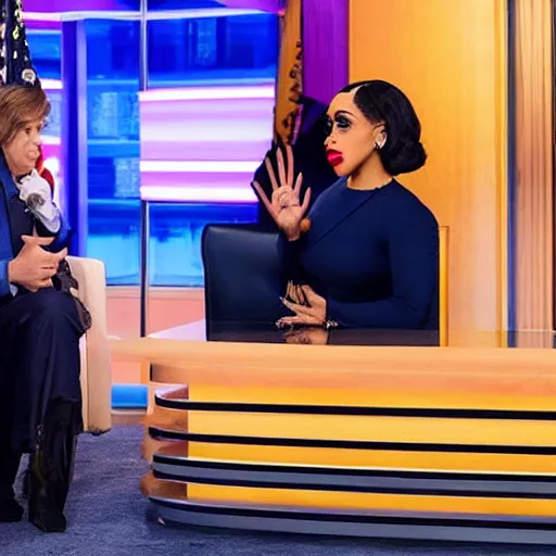 Image similar to “ tucker carlson skeptically interviewing cardi b on fox news ”