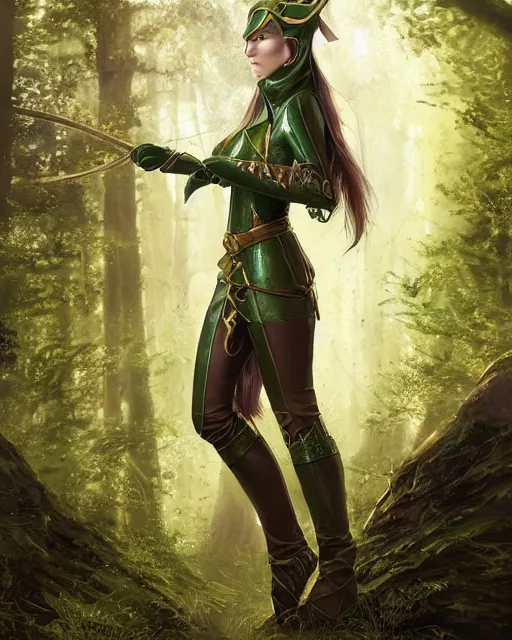 Prompt: a beautiful image of a young woman, green elf ranger with long flowing hair and a green leather hood, elf ranger leather armor with olive green and brown colors and gold lining, young female face, realistic body proportions, proper female figure, inside deep in a magical forest, cinematic top lighting, insanely detailed and intricate, face by wlop, Charlie Bowater, designs by zhelong xu and gustave doré, golden ratio, symmetric, elegant, ornate, luxury, elite, matte painting, cinematic, trending on artstation, deviantart and cgsociety, 8k, high resolution