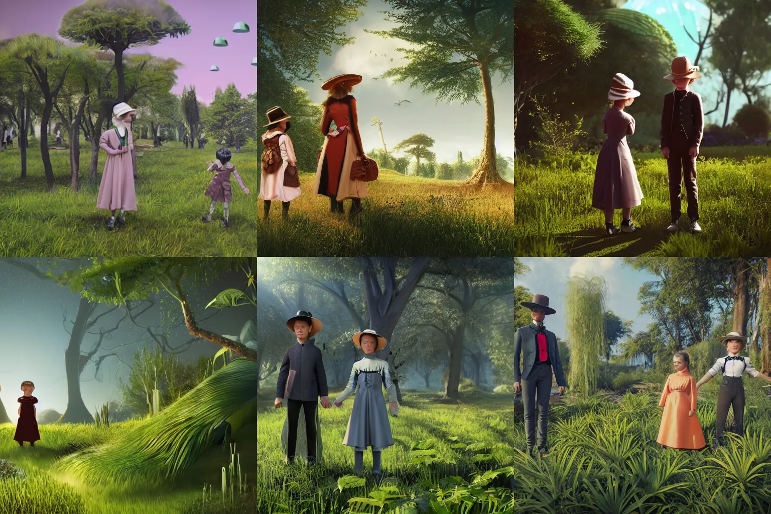 Prompt: a girl and a boy standing in a park on a alien planet, next to some alien plants, wearing victorian clothes, photorealistic raytracing