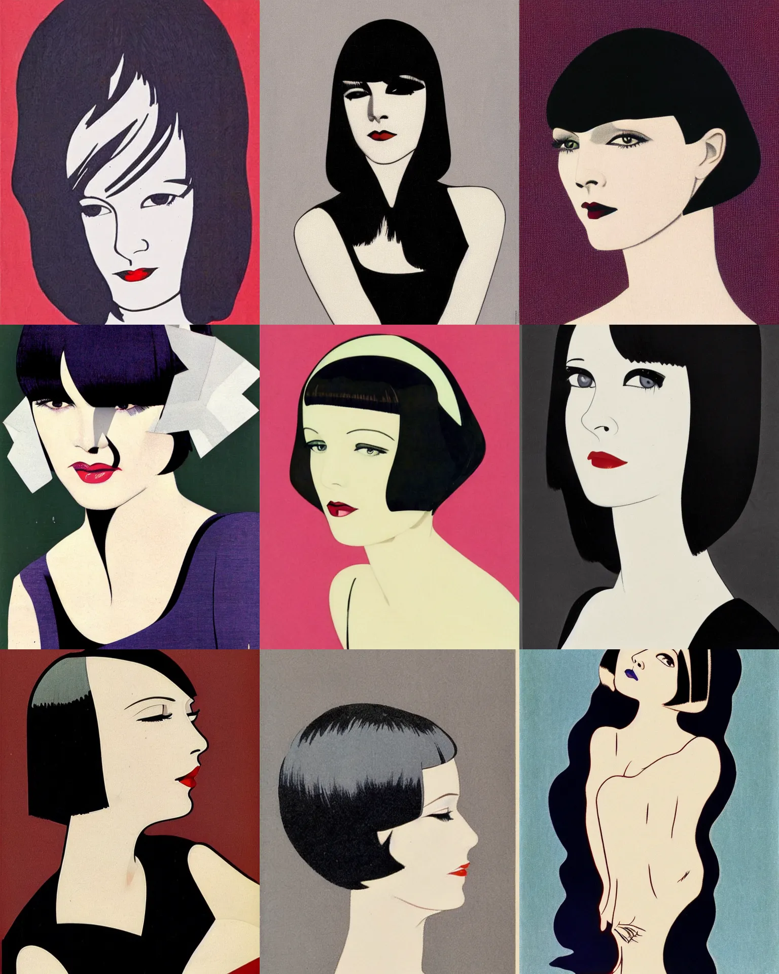 Prompt: Mary Louise Brooks 25 years old, bob haircut, side on portrait by Patrick Nagel, 1920s,