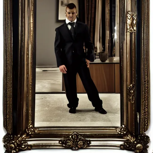 Prompt: endless reflections of a man in a mirror, dark suit, by sergey belik