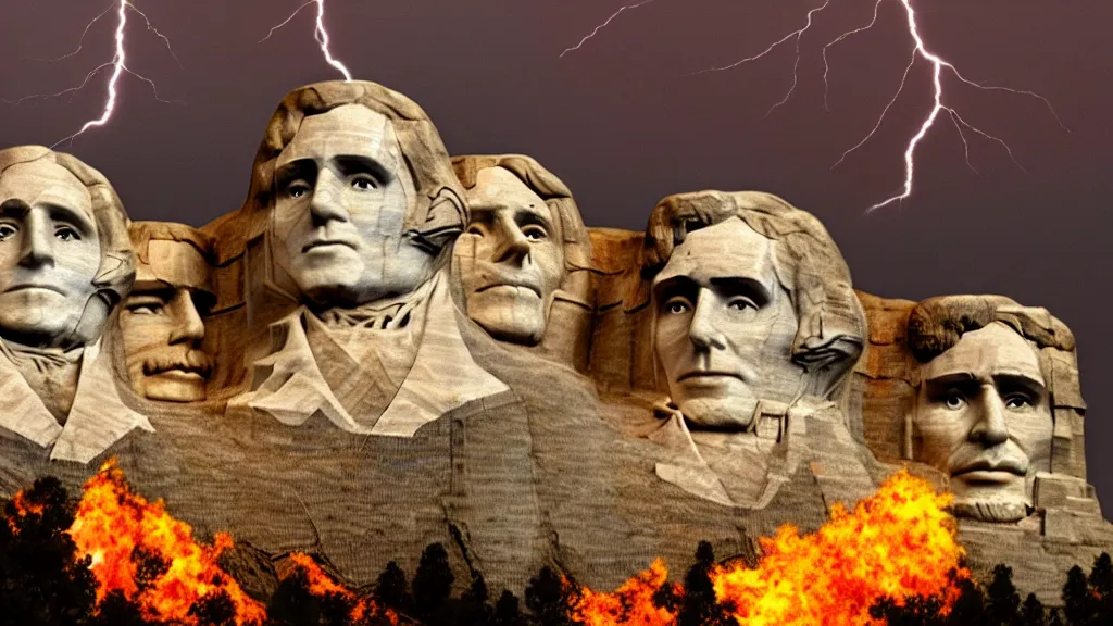 Image similar to mount rushmore but all the faces are guy fiery, lightning, storms, volumetric lightning by eugene von guerard, ivan shishkin, dramatic lighting, concept art, trending on artstation, 8 k