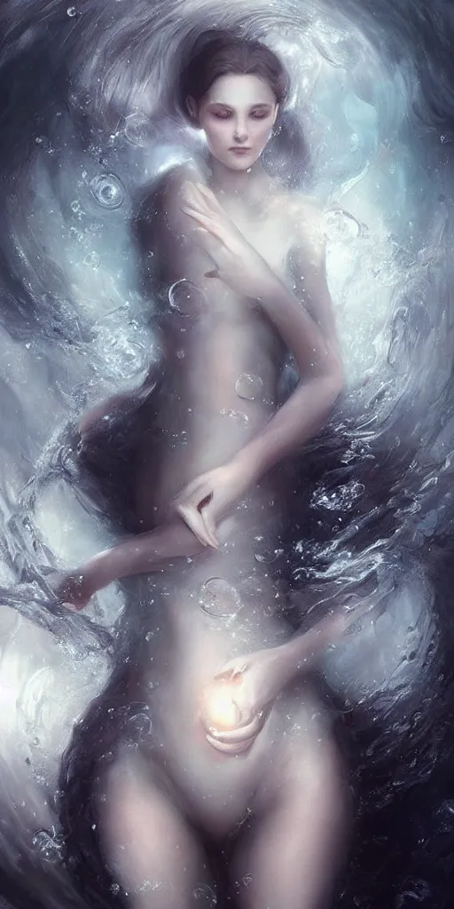 Prompt: a beautiful pale human, wrapped in black tentacles, floating in water, bubbles rising, full body, photo realistic, fantasy art, volumetric lighting, by charlie bowater, by karol bak