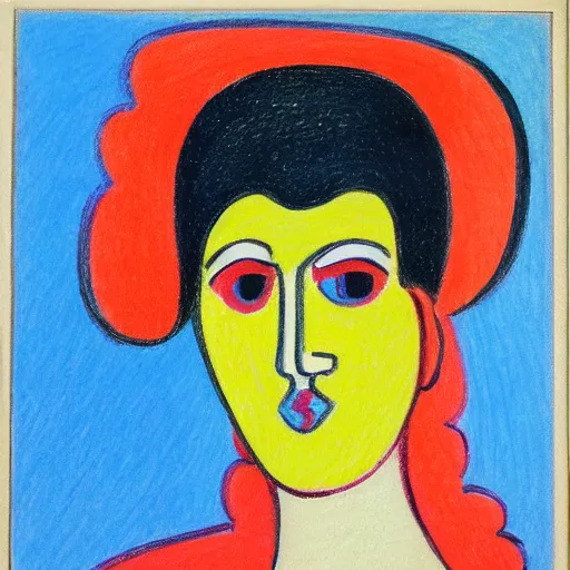 Image similar to by alexej von jawlensky jaunty, realistic. drawing. a young girl stands in the center of the frame, looking off to the side. she wears a school uniform with a short skirt & a striped shirt. the background is a vivid, with wavy lines running through it.