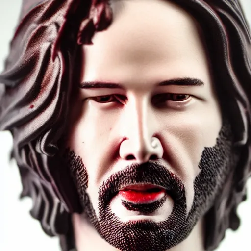 Prompt: a photo of keanu reeves sculpted out of whipped cream and cherries as eyes, 2 0 0 mm lens, shot on film, hyperrealism, bokeh