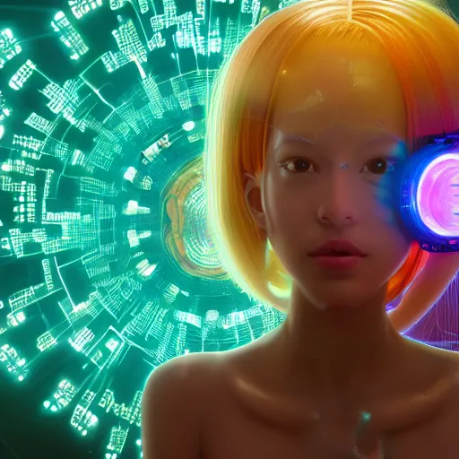 Prompt: kawaii puerto rican goddess staring through the mothership of your soul with a pile of circuit boards, and skin made of iridescent glass, wearing a headpiece made of circuit boards, by makoto shinkai, masamune, and stanley kubrick, unique perspective, eastman color, trending on artstation, cinematic, 3 d render, photorealistic
