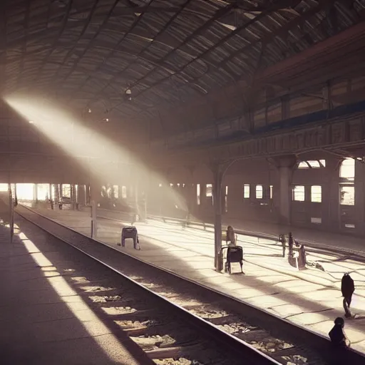 Prompt: an cavernous and expansive train terminal, sun rays coming in through windows, smoky and dusty air, people in a train station, photograph by hal morey, featured on cg society, light and space, volumetric lighting, matte drawing, cinematic, moody, dramatic, global illumination
