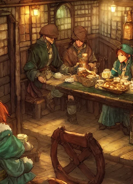 Image similar to the emerald herald sitting in a cozy tavern, hidari, color page, tankoban, 4K, tone mapping, Akihiko Yoshida.