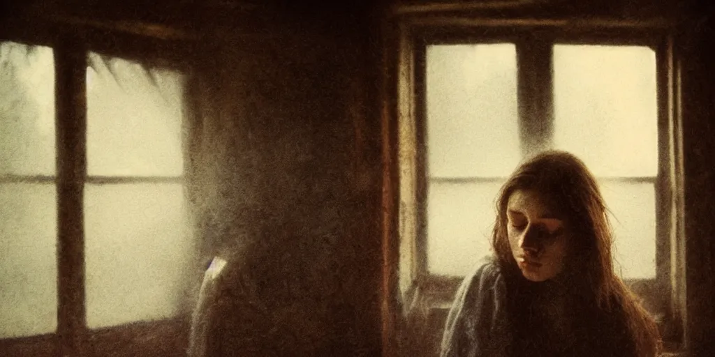 Image similar to portrait bust of young woman, tired expression, faded color film, russian cinema, tarkovsky, kodachrome, inside old cabin, next to window, heavy forest outside, long brown hair, old clothing, heavy fog, brown color palette, hudson river school, 4 k, dramatic lighting, greg rutkowski