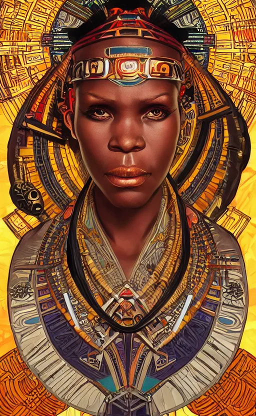 Prompt: a retro futuristic african tribal chief, art by joseph christian leyendecker, design blocking by alphonso mucha and drew struzan, highly detailed, digital painting, airbrush, concept art, illustration, smooth sharp focus, intricate, symmetry,