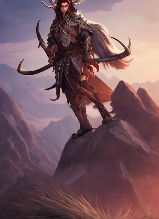 Prompt: portrait of a handsome young clean - shaven warrior with horns and long hair, epic landscape, realistic anime, highly detailed, unreal engine 5, 8 k, digital fantasy illustration, art by rossdraws, sharp focus, octane render, trending on artstation,