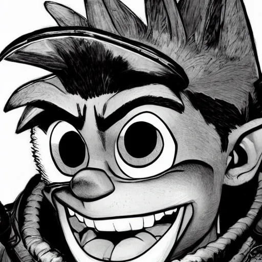 Prompt: upclose portrait of crash bandicoot, kim jung gi, digital art, by hirohiko araki, very detailed picture with lots of emotion, trending on artstation