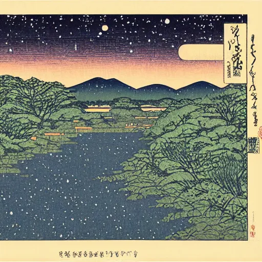 Image similar to river creek flows into the starry night sky, trippy, shin - hanga woodblock print by hasui kawas ( 1 9 3 6 )