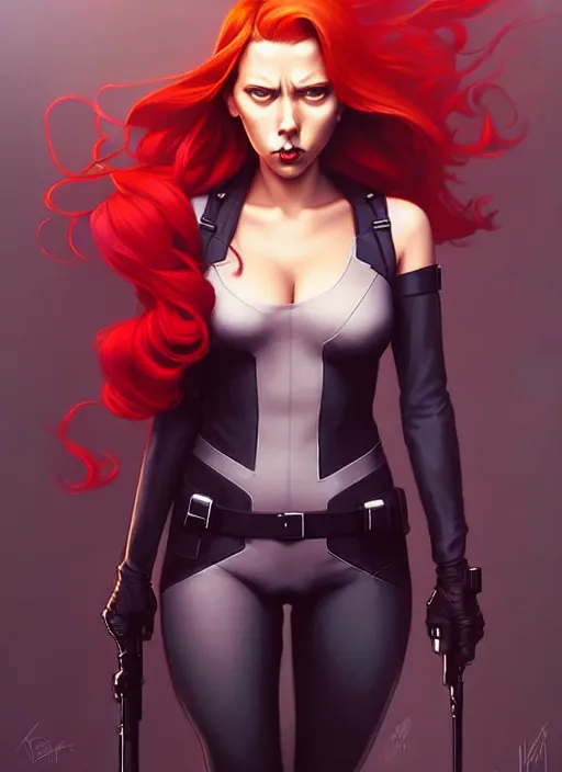 Image similar to peter mohrbacher, phil noto, artgerm, pretty scarlett johansson black widow, symmetrical eyes, long red hair, full body, city rooftop