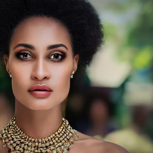 Prompt: close shot portrait of a lavish woman of society, wearing embellished jewelry and attire with woven flourishes, learned gaze in the eyes, bokeh, light from top right, diverse textures