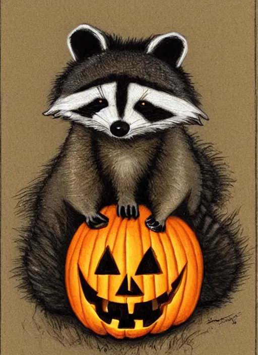 Image similar to halloween pumpkin in the shape of a raccoon by Rebecca Guay art, high quality, highly detailed,