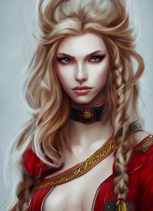 Image similar to a highly detailed illustration of beautiful long dirty blonde haired pale girl wearing red epaulette uniform, red eyes, dramatic seductive pose, intricate, elegant, highly detailed, centered, digital painting, artstation, concept art, smooth, sharp focus, league of legends concept art, WLOP