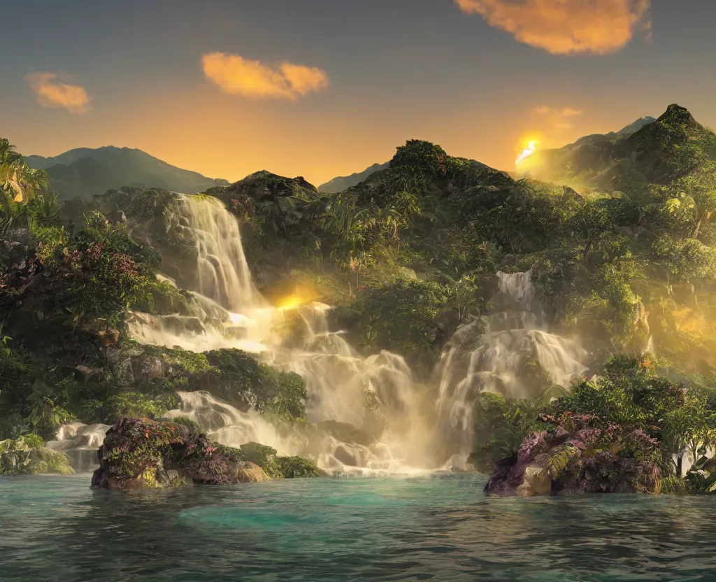 Image similar to a low-poly render of a big purple hand holding the orange setting sun on the ocean horizon. a green tinted transparent beckoning lady in front of a waterfall. a cream colored abandoned building featuring two statues and pitch black periphery. a prehistoric jungle scene with a mountain in the background.