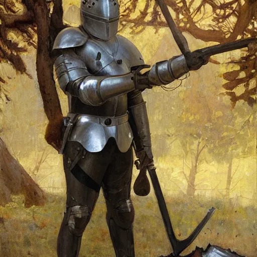 Prompt: knight wearing sallet helmet leaning against a tree by the campfire with a discarded sword and gun, oil painting, by Fernanda Suarez and and Edgar Maxence and greg rutkowski