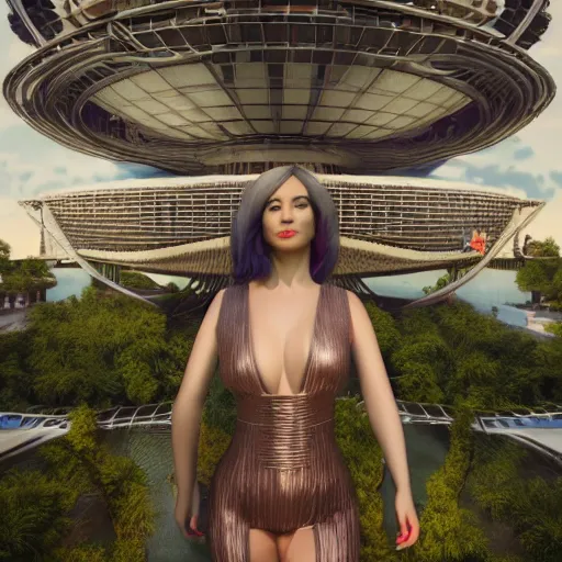 Image similar to octane render portrait by wayne barlow and carlo crivelli and glenn fabry, inside a high - end luxurious solarpunk beautiful utopian futuristic chicago worlds fair, cinema 4 d, ray traced lighting, very short depth of field, bokeh