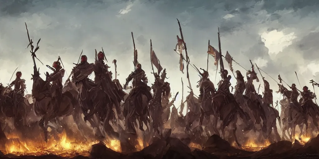 Prompt: army of powerful medieval knights holding spears and flags on horses by makoto shinkai, fire emblem, anime, nier automata environment concept artstyle, greg rutkowski and krenzcushart
