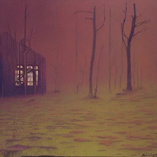 Image similar to a painting of a eerie cabin in the middle of the woods in the style of beksinski