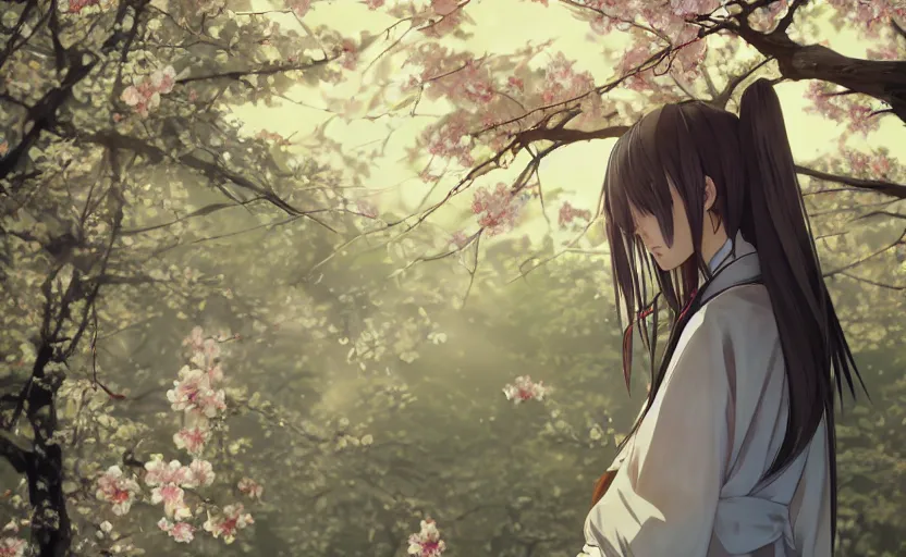 Prompt: front portrait of a girl walking, sakura tree in background, yukata clothing, battlefield in background, anime style, rounded faces, hair down, symmetrical facial features, from arknights, hyper realistic, 4 k, extreme detail, detailed drawing, trending artstation, realistic lighting, by alphonse mucha, greg rutkowski, sharp focus, backlit