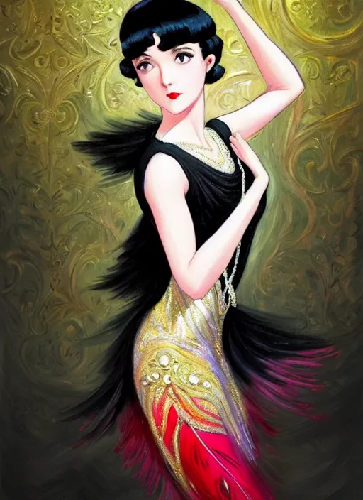 Image similar to a beautiful dancer with black hair in 1920's fashion, ballroom background, intricate, highly detailed, digital painting, artstation, official media, anime key visual, concept art, rich vivid colors, ambient lighting, sharp focus, illustration, art by Artgerm, Makoto Shinkai, Ilya Kuvshinov, Lois Van Baarle, and Rossdraws