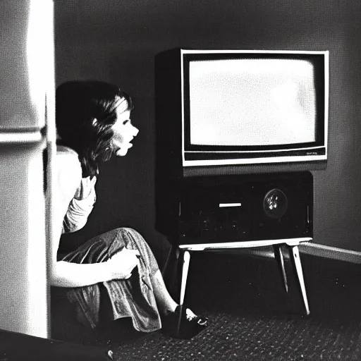 Image similar to woman watching tv screens old television poltergeist room, creepy, 8 mm, found footage