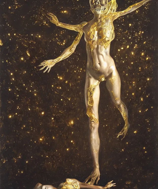 Image similar to Beautiful full-body wax sculpture of a glowing transparent woman with a skull face in glowing dress with visible gold bones covered with melted white wax inside the singularity where stars becoming baroque folds of dark matter by Michelangelo da Caravaggio, Nicola Samori, William Blake, Alex Grey and Beksinski, dramatic volumetric lighting, highly detailed oil painting, 8k, masterpiece