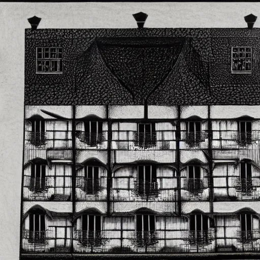 Prompt: impossible penrose house by M.C. Escher, painting with intricate details, black and white