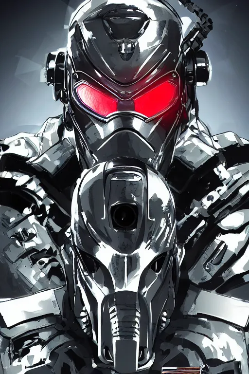 Image similar to cyber cyborg ninja mask helmet metal gear solid artic suit swat commando, global illumination ray tracing hdr fanart arstation by sung choi and eric pfeiffer and gabriel garza and casper konefal, a spectacular view cinematic rays of sunlight comic book illustration, by john kirby