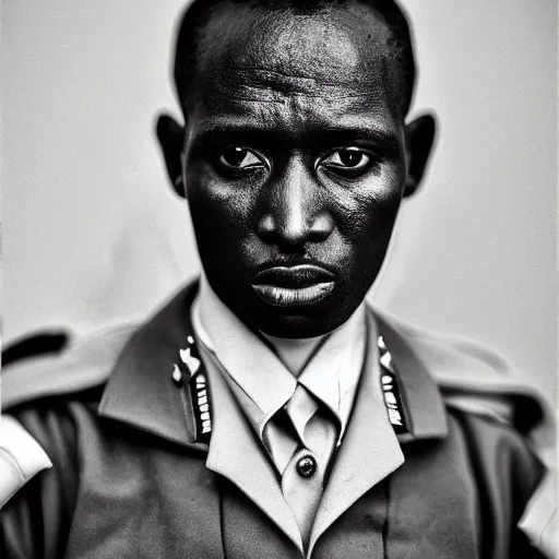 Image similar to black and white photo, portrait of rwandan soldier looking angry by richard avedon, realistic, Leica, medium format, cinematic lighting, parallax, high resolution,