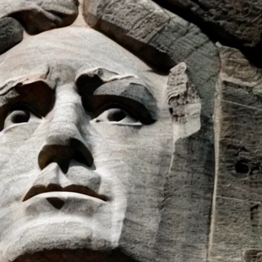 Image similar to a photo of mount rushmore after donald trump's face had been added. the photo depicts a clearly recognizable donald trump carved into the stone at the mountain top